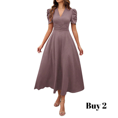 🥳2026 HOT SALE🥳💞50K+ SOLD!💥💕🌿 50% OFF! Elegant Puff Sleeve Dress – V-neck & high waist create hourglass shape. Breathable, wrinkle-resistant. Perfect for mature women. 👗✅