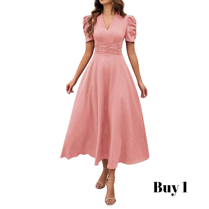 🥳2026 HOT SALE🥳💞50K+ SOLD!💥💕🌿 50% OFF! Elegant Puff Sleeve Dress – V-neck & high waist create hourglass shape. Breathable, wrinkle-resistant. Perfect for mature women. 👗✅