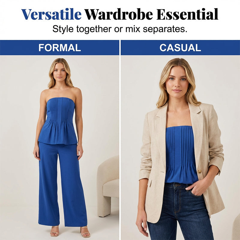 ✨ Women's Strapless Pleated Peplum Top & Pants Set – Soft Breathable Fabric, Flattering Waist & Wide Leg 🎀