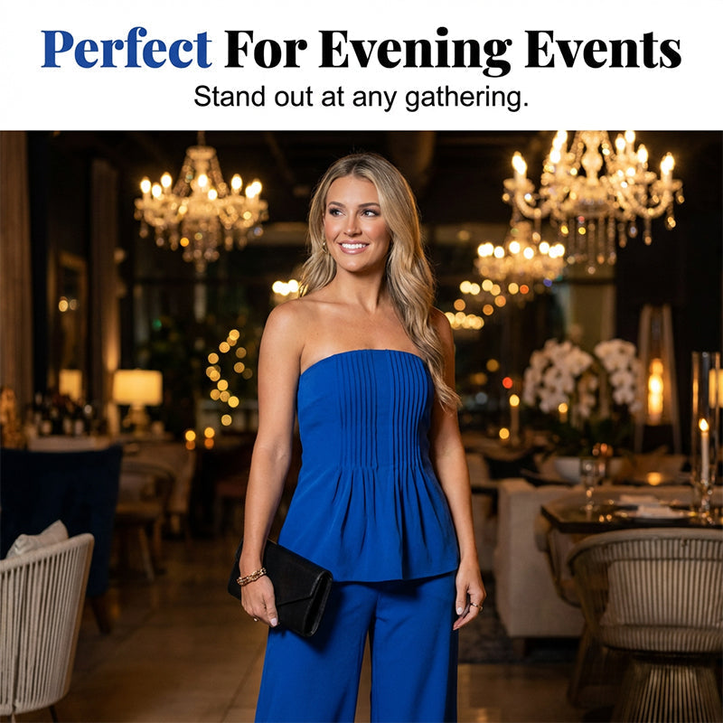 ✨ Women's Strapless Pleated Peplum Top & Pants Set – Soft Breathable Fabric, Flattering Waist & Wide Leg 🎀