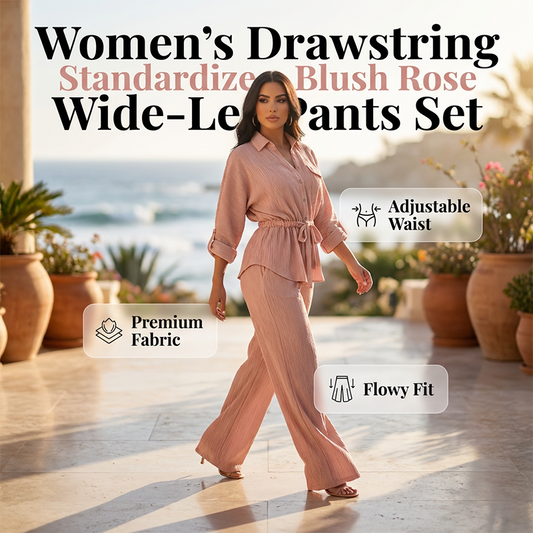 Women's Drawstring Shirt & Wide-Leg Pants Set – Adjustable Waist, Flowy Trousers & Textured Fabric
