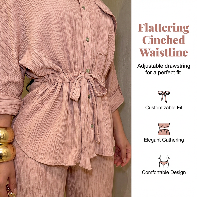 Women's Drawstring Shirt & Wide-Leg Pants Set – Adjustable Waist, Flowy Trousers & Textured Fabric