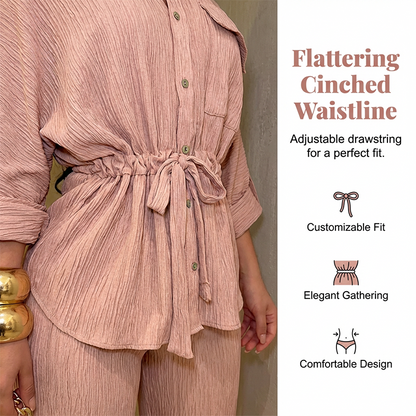 Women's Drawstring Shirt & Wide-Leg Pants Set – Adjustable Waist, Flowy Trousers & Textured Fabric