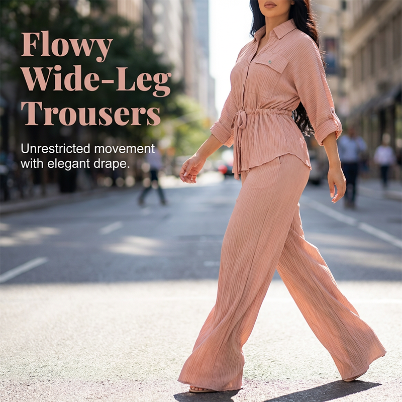 Women's Drawstring Shirt & Wide-Leg Pants Set – Adjustable Waist, Flowy Trousers & Textured Fabric