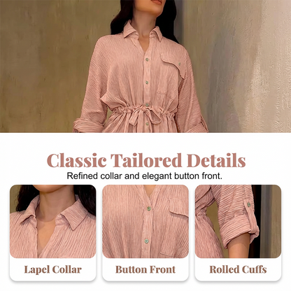 Women's Drawstring Shirt & Wide-Leg Pants Set – Adjustable Waist, Flowy Trousers & Textured Fabric