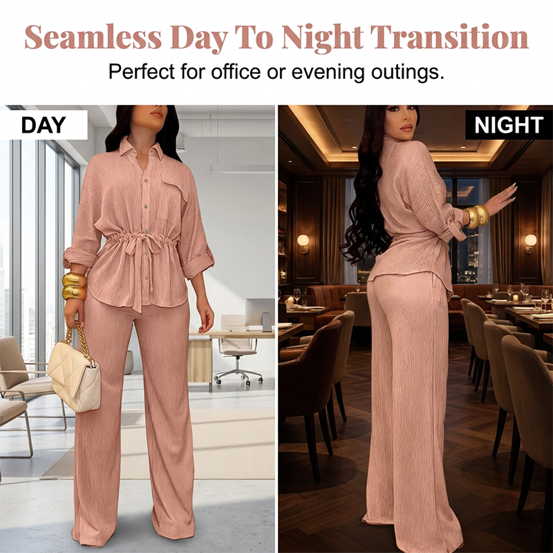 Women's Drawstring Shirt & Wide-Leg Pants Set – Adjustable Waist, Flowy Trousers & Textured Fabric
