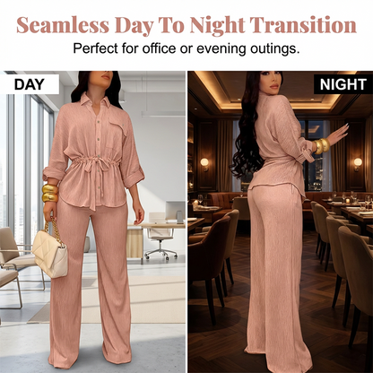 Women's Drawstring Shirt & Wide-Leg Pants Set – Adjustable Waist, Flowy Trousers & Textured Fabric