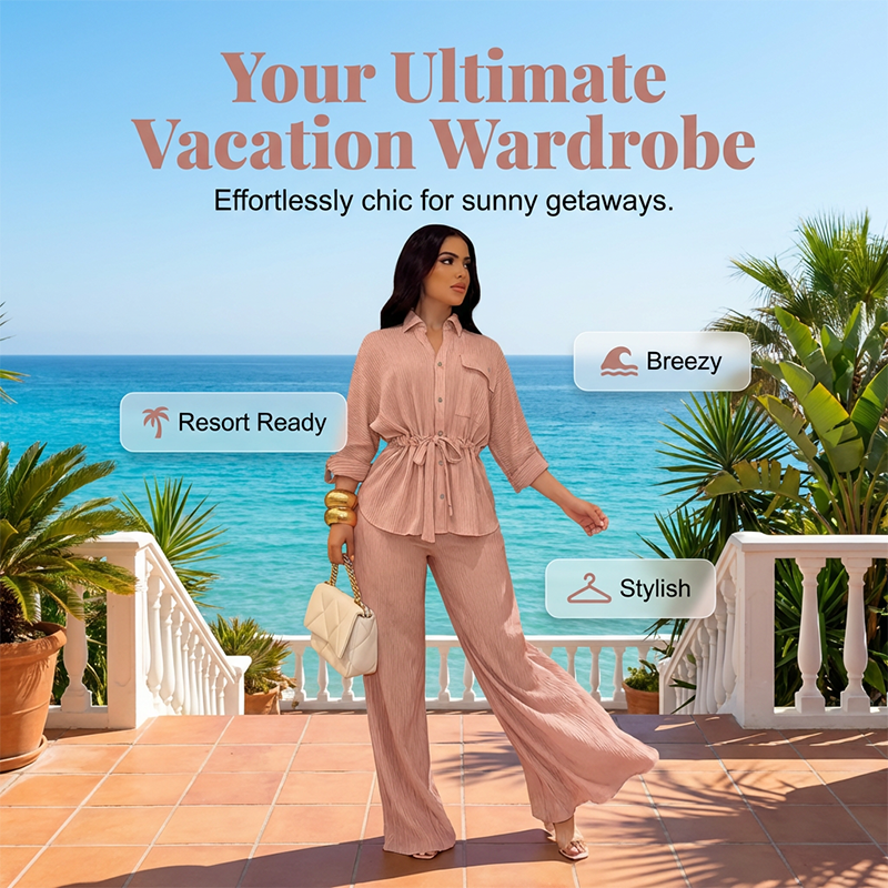 Women's Drawstring Shirt & Wide-Leg Pants Set – Adjustable Waist, Flowy Trousers & Textured Fabric