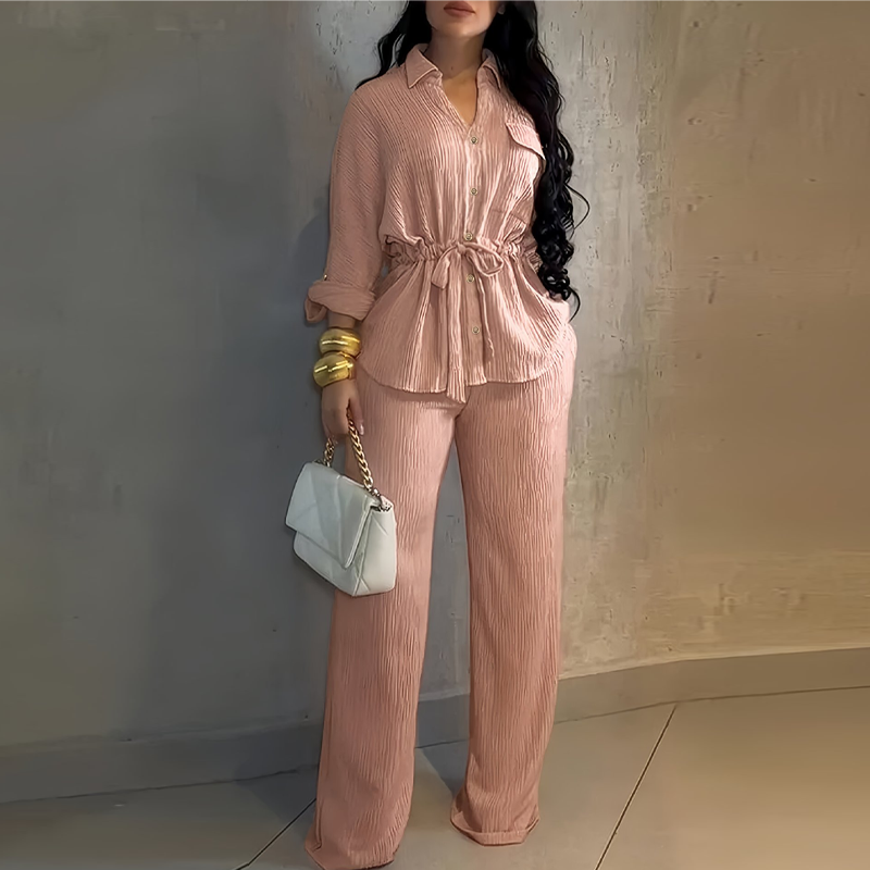 Women's Drawstring Shirt & Wide-Leg Pants Set – Adjustable Waist, Flowy Trousers & Textured Fabric