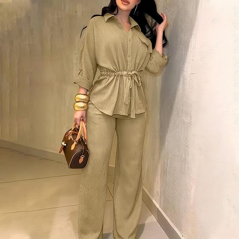 Women's Drawstring Shirt & Wide-Leg Pants Set – Adjustable Waist, Flowy Trousers & Textured Fabric