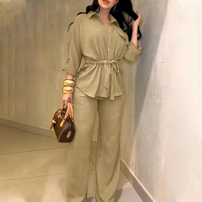Women's Drawstring Shirt & Wide-Leg Pants Set – Adjustable Waist, Flowy Trousers & Textured Fabric