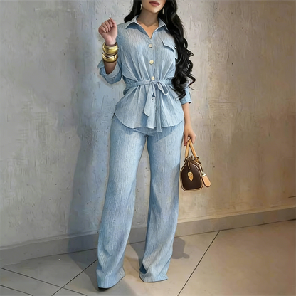 Women's Drawstring Shirt & Wide-Leg Pants Set – Adjustable Waist, Flowy Trousers & Textured Fabric