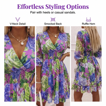 ⏳Limited-time 50% off⏰Women's Floral V-Neck Ruffle Hem A-Line Dress💐👗