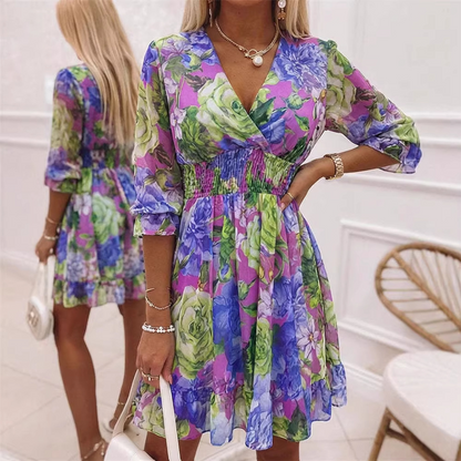 ⏳Limited-time 50% off⏰Women's Floral V-Neck Ruffle Hem A-Line Dress💐👗