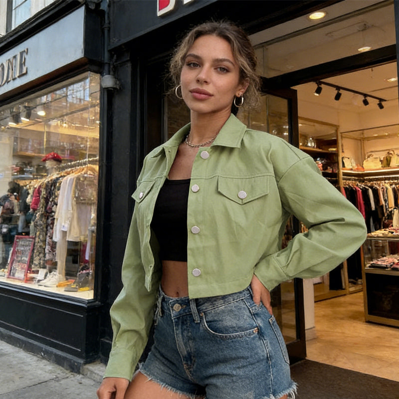 Women's Solid Cropped Button-Down Jacket