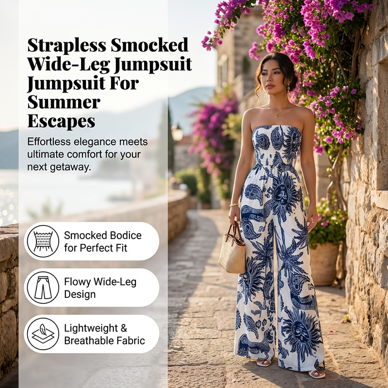 👖 LIMITED-TIME 50% OFF! ✨ Strapless Wide-Leg Jumpsuit – Smocked Bodice, Flowy, Porcelain Print 🌺