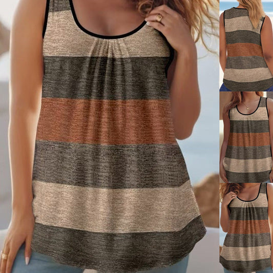 Women's Color Block Striped Tank Top Ruched Neck Sleeveless Tops