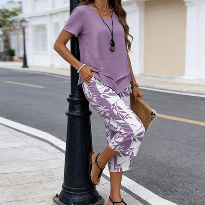 Casual Round Neck Layered Tunic Top & Wide Leg Pants Set