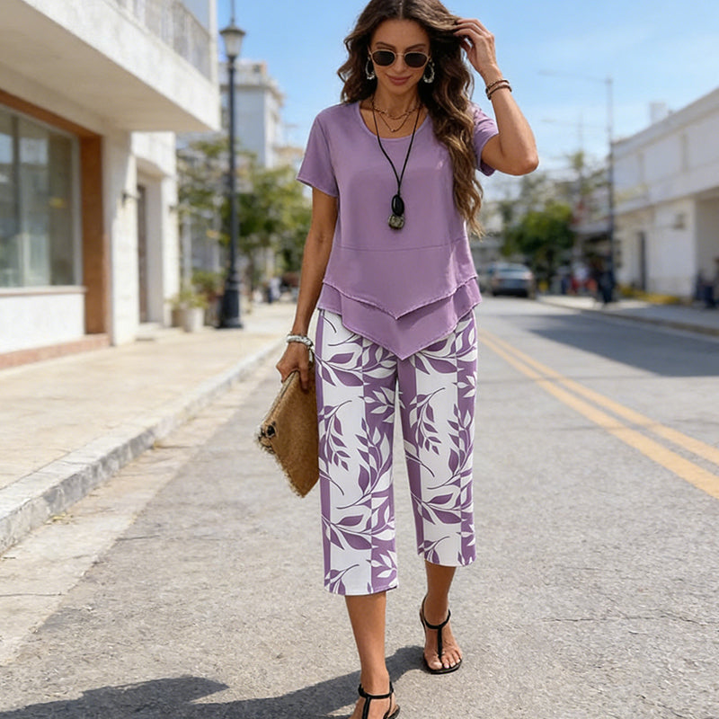 Casual Round Neck Layered Tunic Top & Wide Leg Pants Set