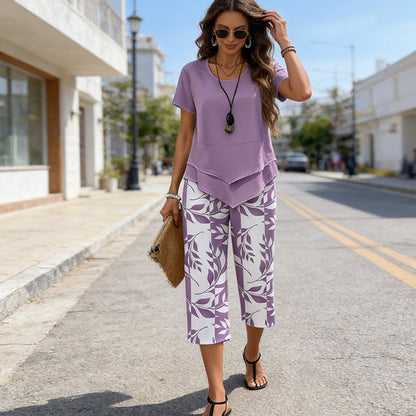 Casual Round Neck Layered Tunic Top & Wide Leg Pants Set