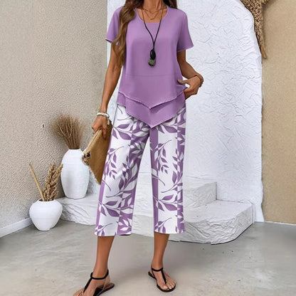 Casual Round Neck Layered Tunic Top & Wide Leg Pants Set