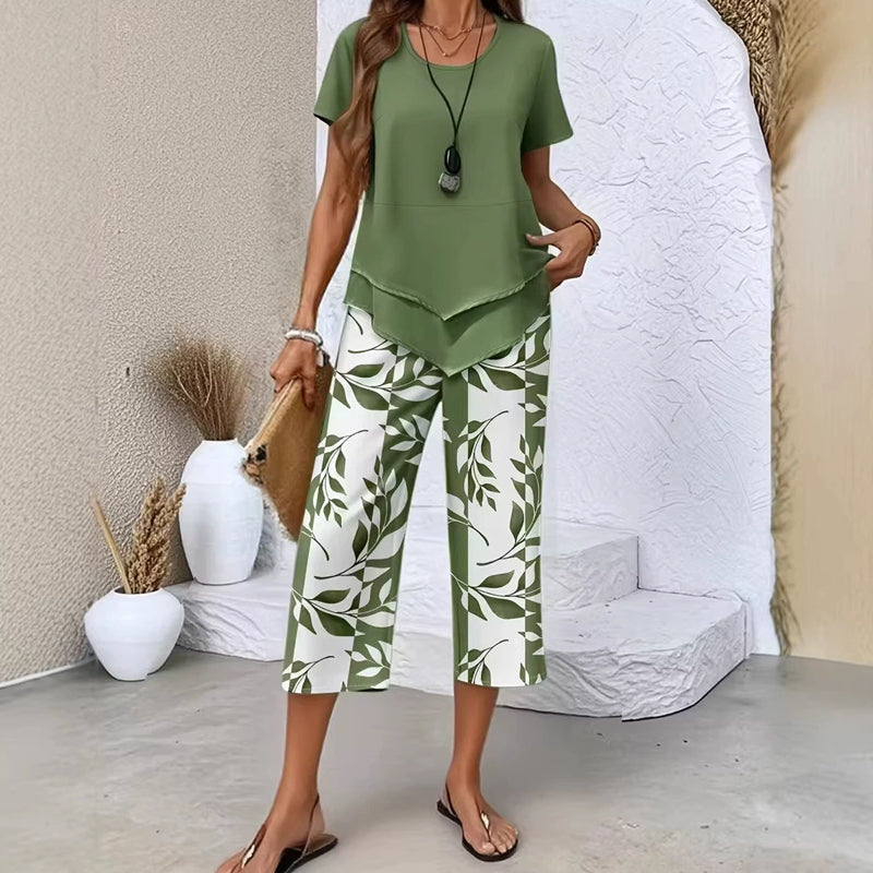 Casual Round Neck Layered Tunic Top & Wide Leg Pants Set