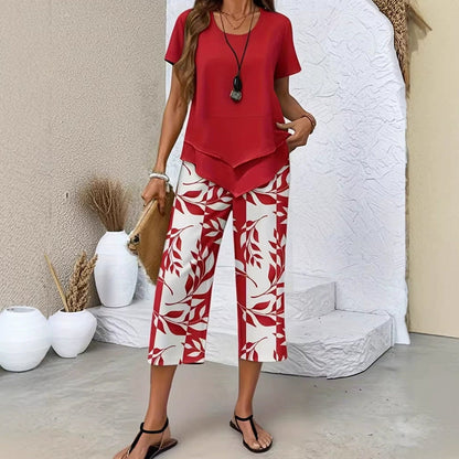 Casual Round Neck Layered Tunic Top & Wide Leg Pants Set