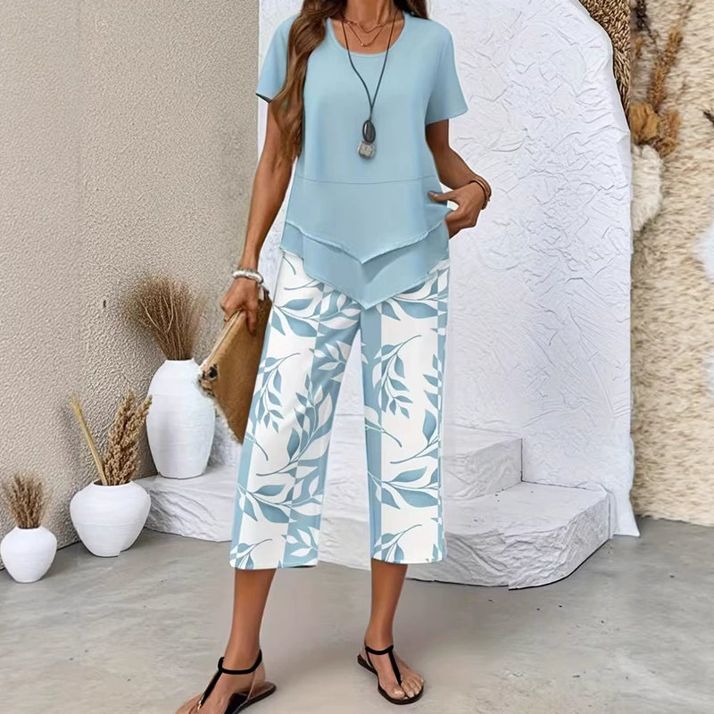 Casual Round Neck Layered Tunic Top & Wide Leg Pants Set
