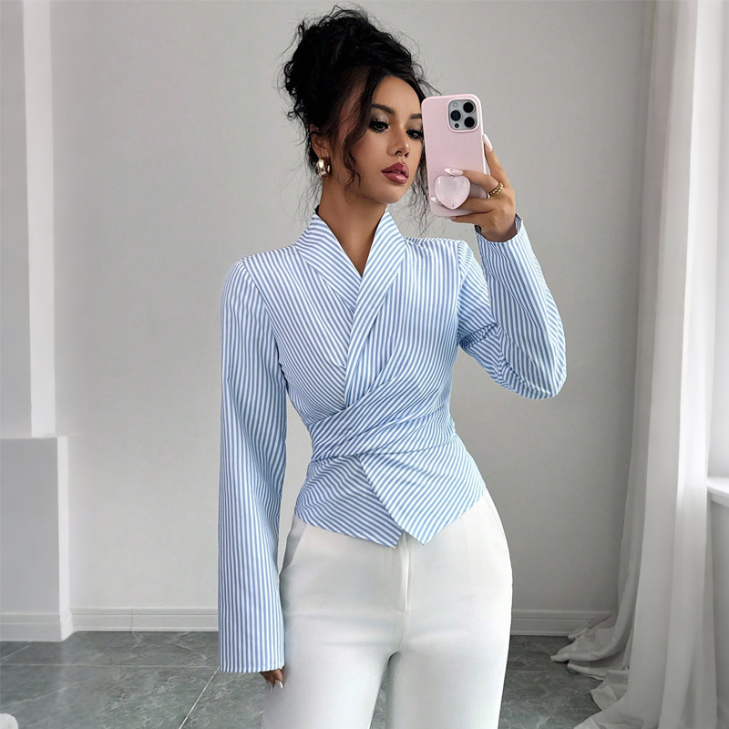 Women's V-Neck Long Sleeve Striped Wrap Blouse