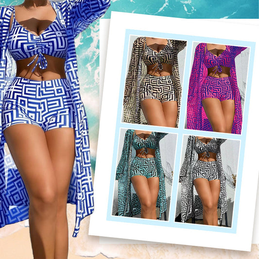 Women's 3-Piece Geometric Print Swimwear Set – Versatile, Supportive & Quick-Drying