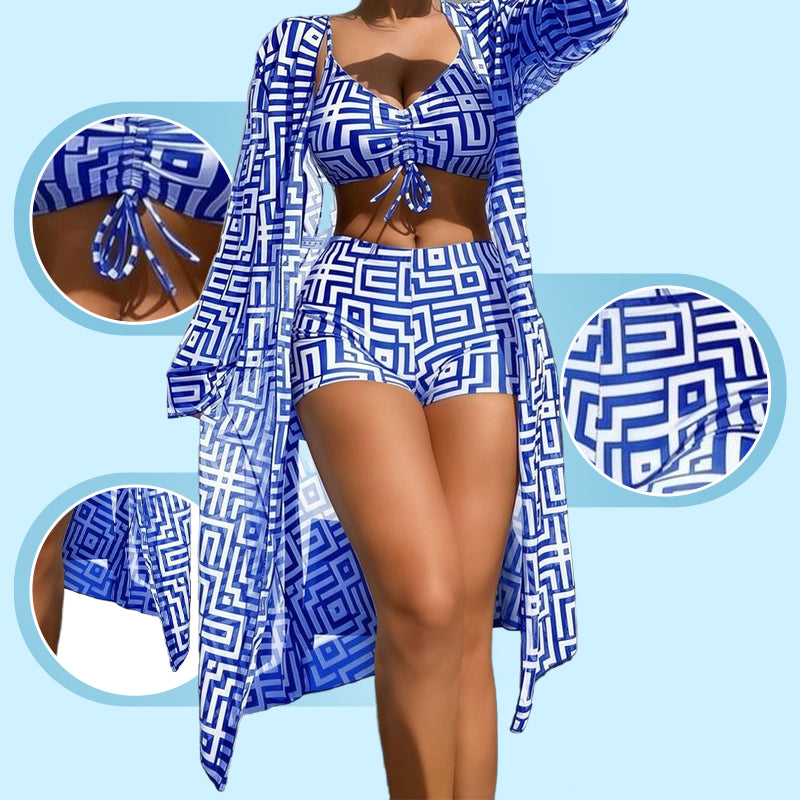 Women's 3-Piece Geometric Print Swimwear Set – Versatile, Supportive & Quick-Drying