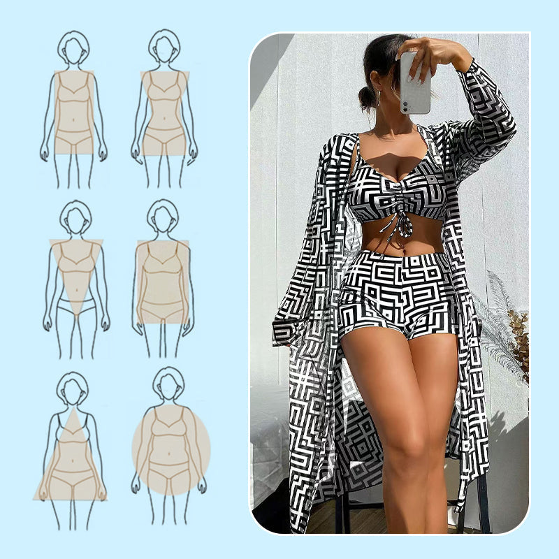 Women's 3-Piece Geometric Print Swimwear Set – Versatile, Supportive & Quick-Drying
