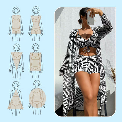 Women's 3-Piece Geometric Print Swimwear Set – Versatile, Supportive & Quick-Drying