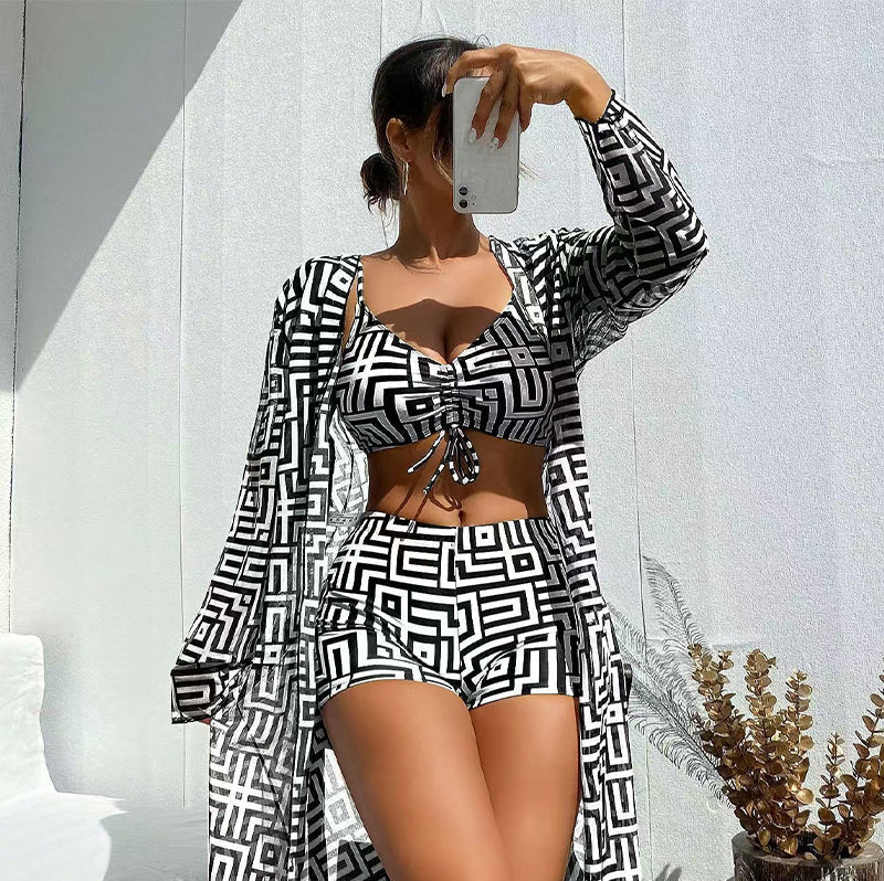 Women's 3-Piece Geometric Print Swimwear Set – Versatile, Supportive & Quick-Drying