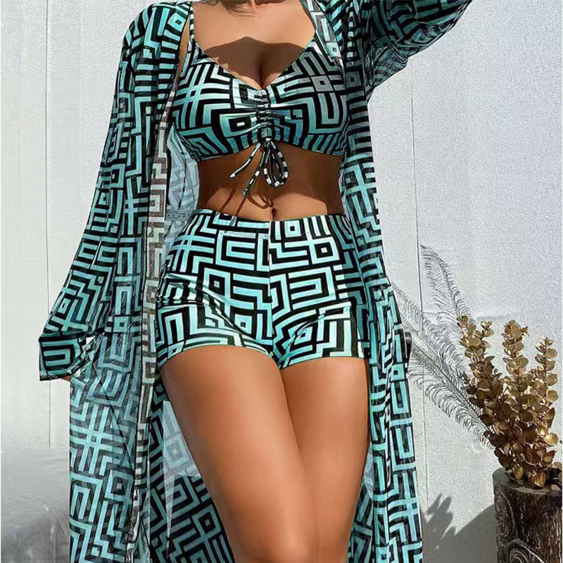 Women's 3-Piece Geometric Print Swimwear Set – Versatile, Supportive & Quick-Drying