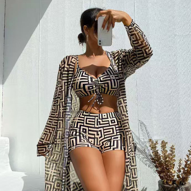 Women's 3-Piece Geometric Print Swimwear Set – Versatile, Supportive & Quick-Drying