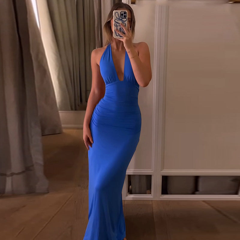 Elegant Halter Neck Ruched Maxi Dress