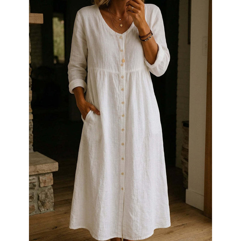 Women's Casual V-Neck Button-Down Linen Midi Dress