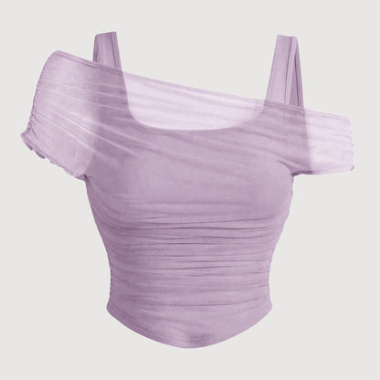 Women's Asymmetrical Ruched Mesh Top