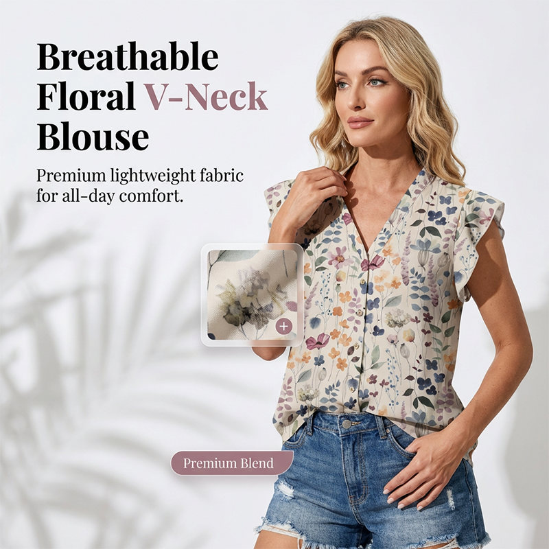 🌸🤍Women's V-Neck Floral Print Button-Down Blouse☀️