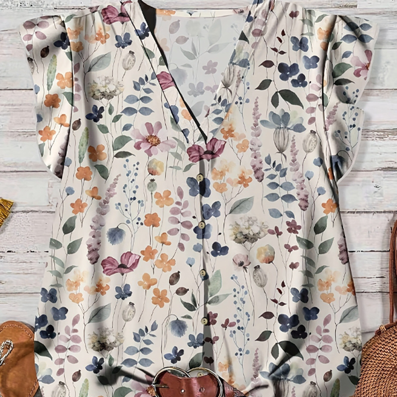 🌸🤍Women's V-Neck Floral Print Button-Down Blouse☀️