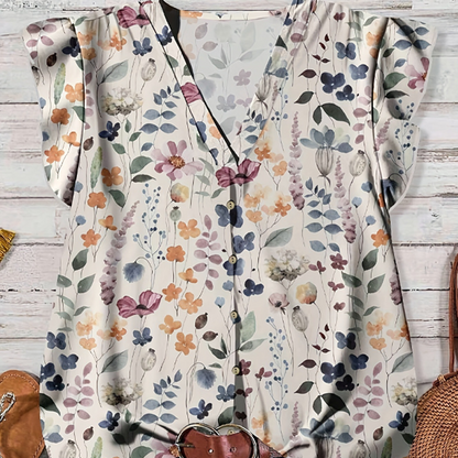 🌸🤍Women's V-Neck Floral Print Button-Down Blouse☀️