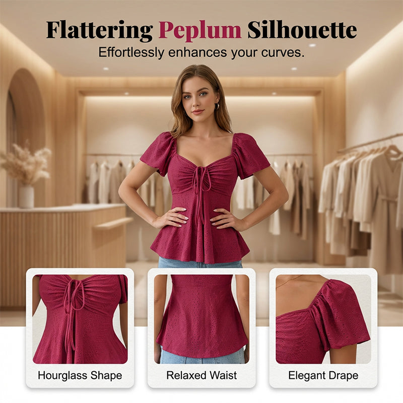 Women's Puff Sleeve Drawstring Ruched Peplum Top