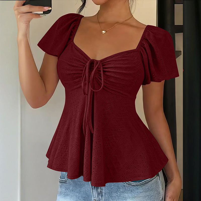 Women's Puff Sleeve Drawstring Ruched Peplum Top
