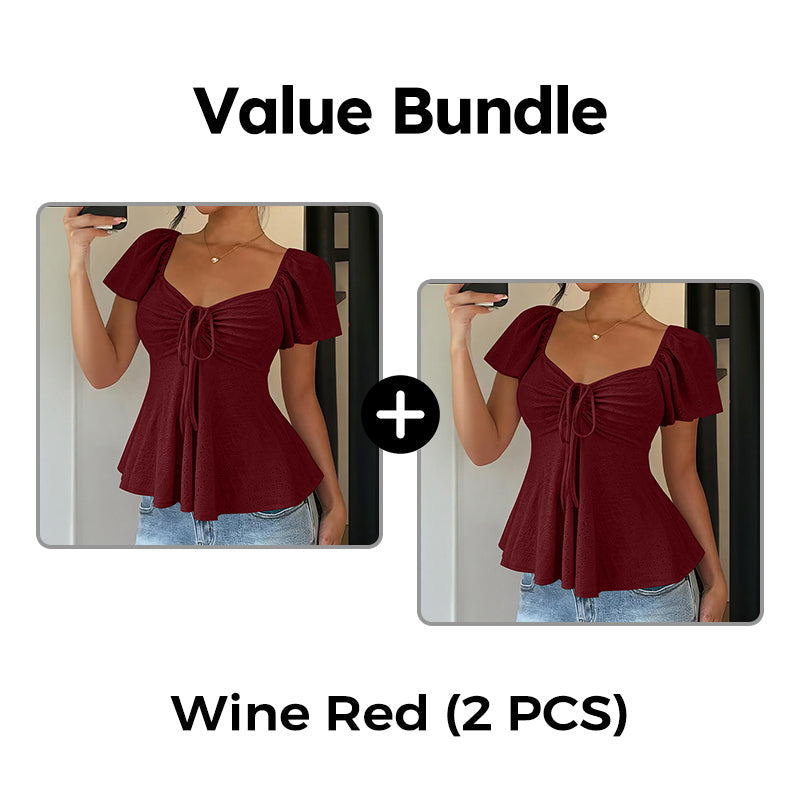 Women's Puff Sleeve Drawstring Ruched Peplum Top