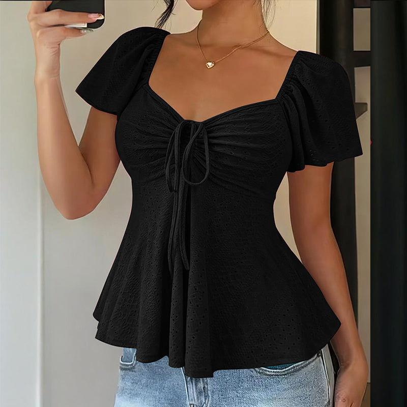 Women's Puff Sleeve Drawstring Ruched Peplum Top