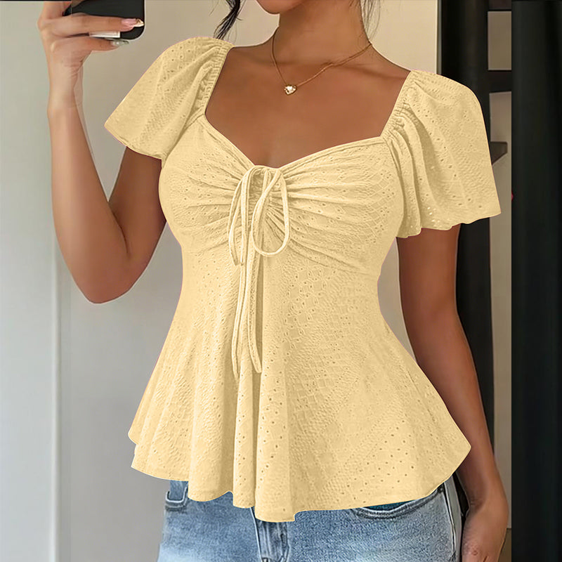 Women's Puff Sleeve Drawstring Ruched Peplum Top