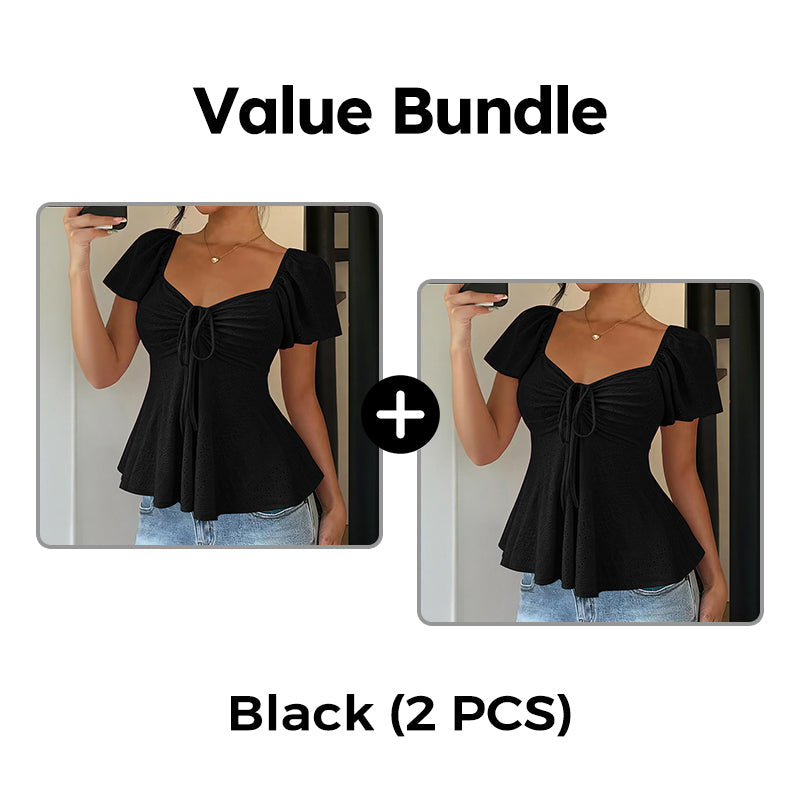 Women's Puff Sleeve Drawstring Ruched Peplum Top