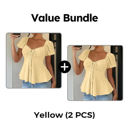 Women's Puff Sleeve Drawstring Ruched Peplum Top