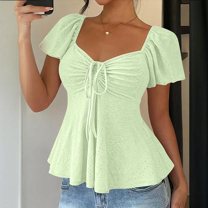 Women's Puff Sleeve Drawstring Ruched Peplum Top